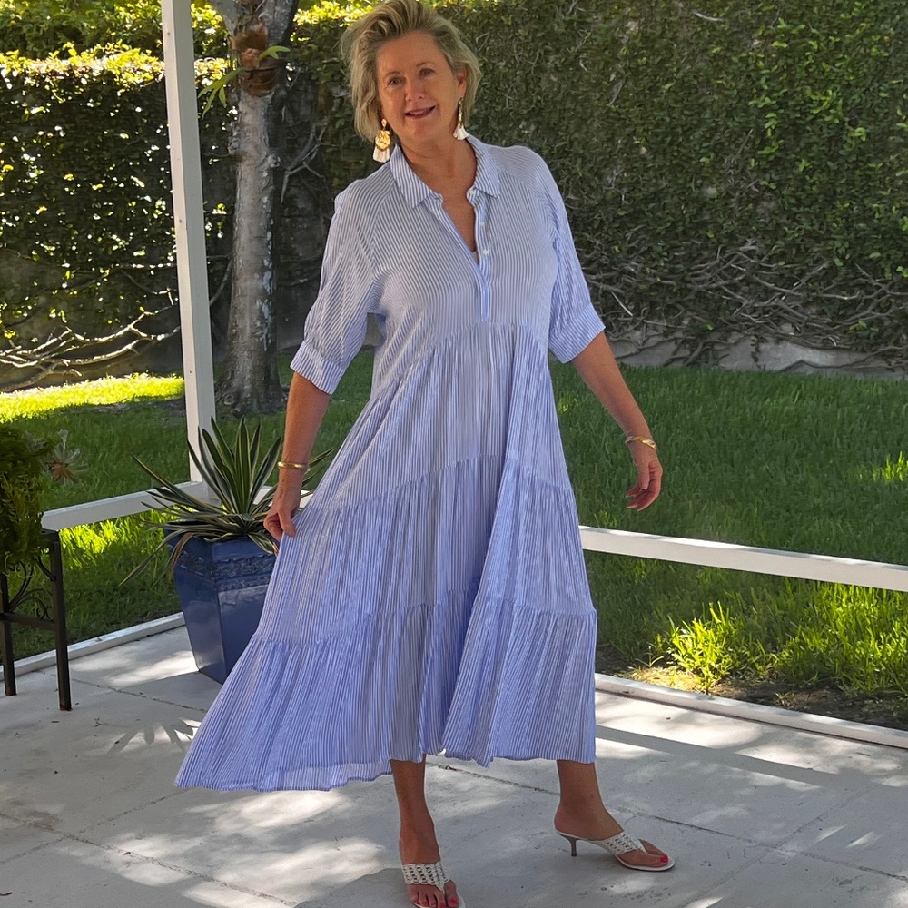 A Loves A Pinstripe Print Button Point Collar 3/4 Blouson Cuff Sleeve Midi Dress